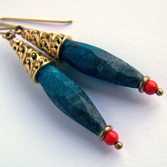 Large natural AZURITE earrings Long Gold Brass Faceted gemstone - Picture 4 of 7